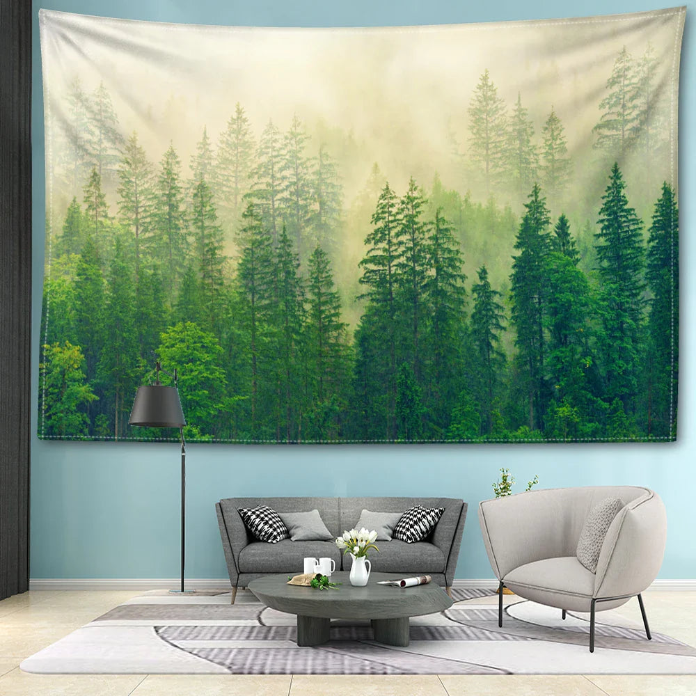 Nordic Hanging Tapestry Wall Decoration 100% Polyester Printed Misty Forest Landscape Tapestries Inspirational Pictures Of Calm For Living Room Decor | Bowlift