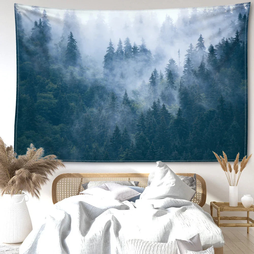 Nordic Hanging Tapestry Wall Decoration 100% Polyester Printed Misty Forest Landscape Tapestries Inspirational Pictures Of Calm For Living Room Decor | Bowlift