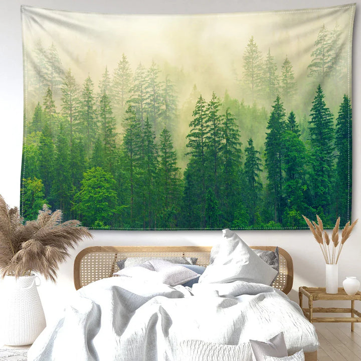Nordic Hanging Tapestry Wall Decoration 100% Polyester Printed Misty Forest Landscape Tapestries Inspirational Pictures Of Calm For Living Room Decor | Bowlift