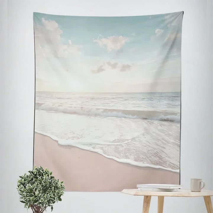 Nordic Hanging Tapestry Wall Decoration 100% Polyester Printed Seascapes Sun Sea & Sandy Beach Blue Sky Tapestries Pictures Of Calm For Living Room | Bowlift