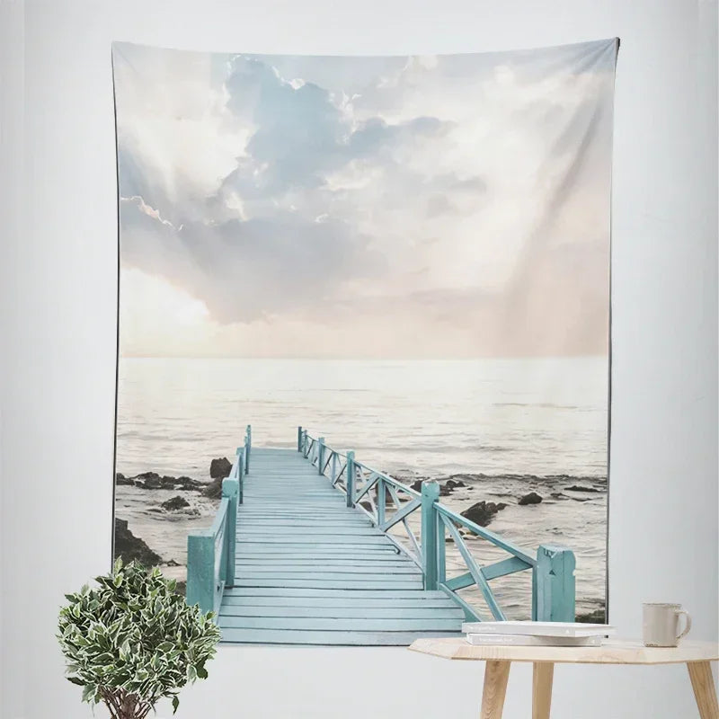 Nordic Hanging Tapestry Wall Decoration 100% Polyester Printed Seascapes Sun Sea & Sandy Beach Blue Sky Tapestries Pictures Of Calm For Living Room | Bowlift