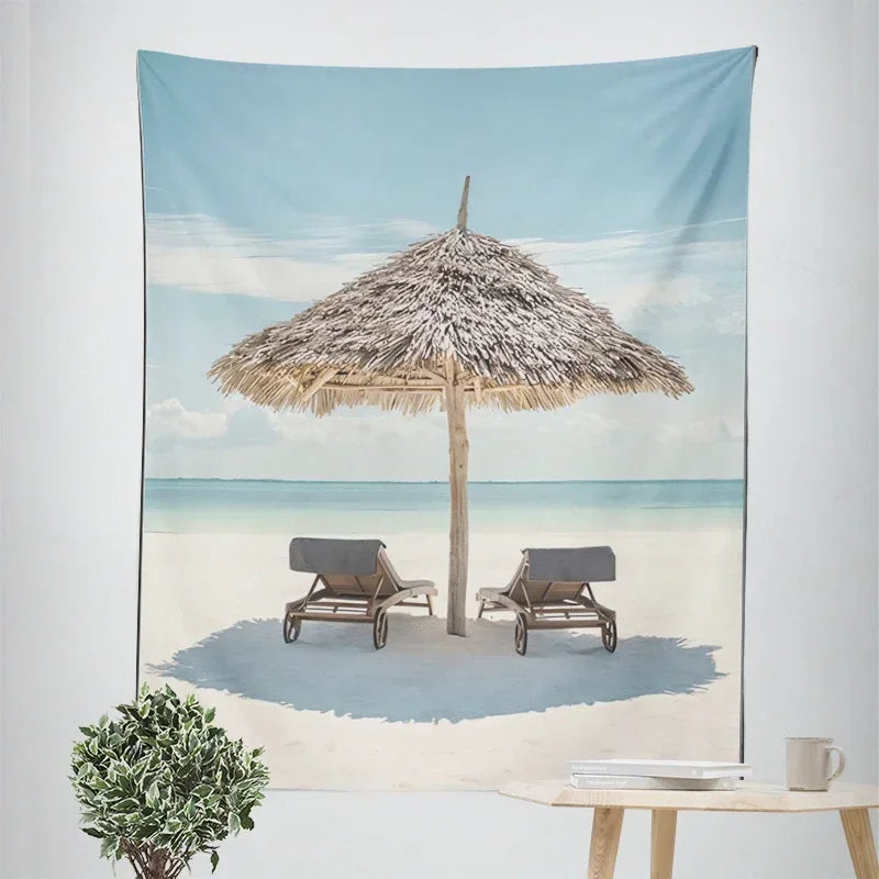 Nordic Hanging Tapestry Wall Decoration 100% Polyester Printed Seascapes Sun Sea & Sandy Beach Blue Sky Tapestries Pictures Of Calm For Living Room | Bowlift
