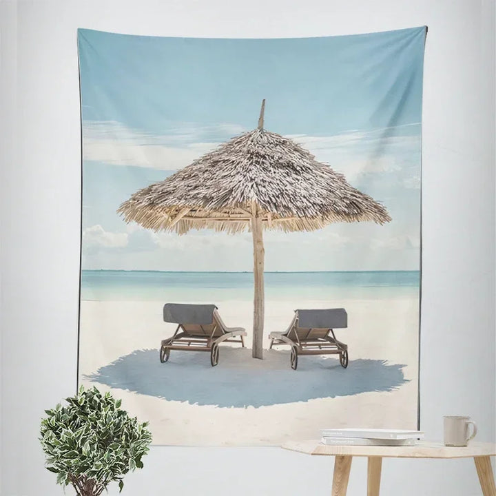 Nordic Hanging Tapestry Wall Decoration 100% Polyester Printed Seascapes Sun Sea & Sandy Beach Blue Sky Tapestries Pictures Of Calm For Living Room | Bowlift