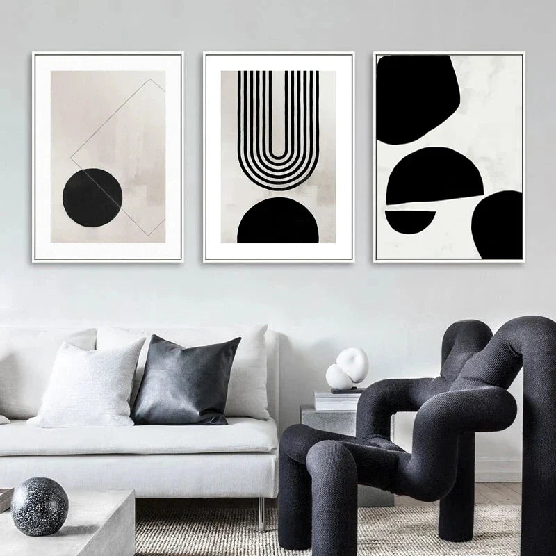 Nordic Minimalist Geometric Abstract Wall Art Fine Art Canvas Prints Beige Black Abstract Pictures For Modern Apartment Home Decor | Bowlift