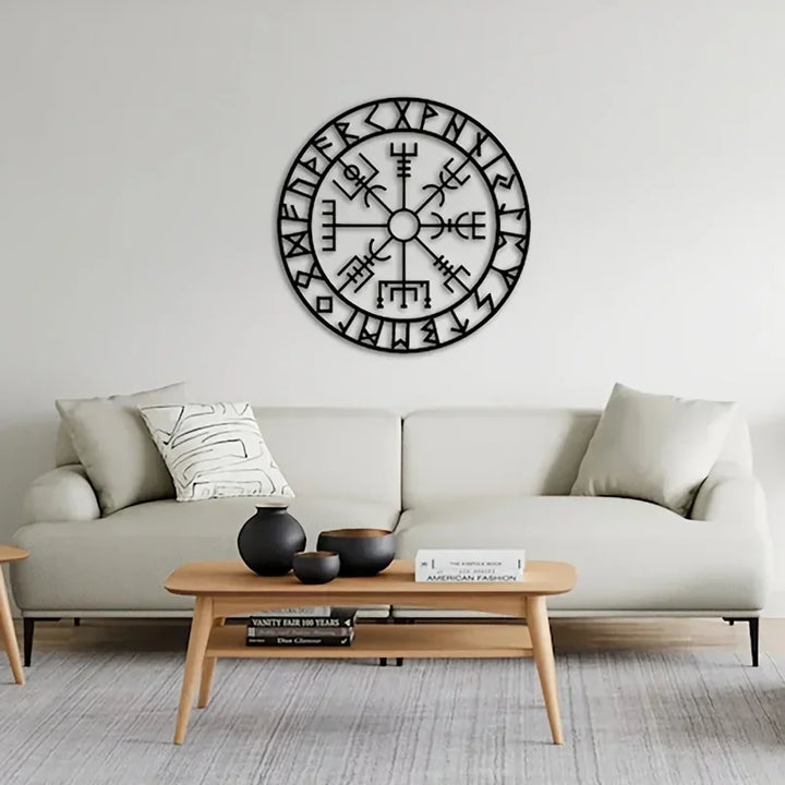 Norse Viking Runes Compass Black Metal Wall Art 3d Iron Craft Wall Mounted Nordic Plaque For Living Room Dining Room Creative Home Decor | Bowlift