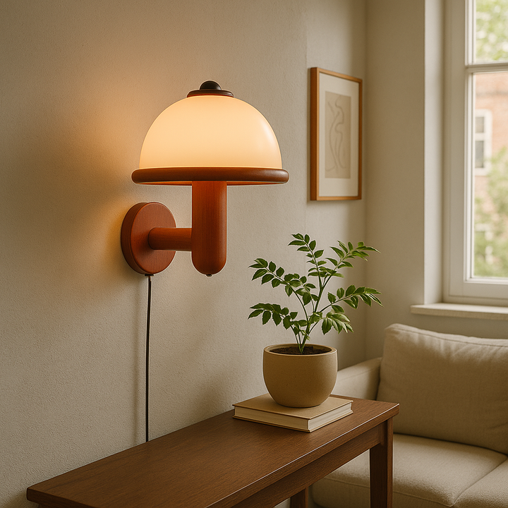 BowLift | Modern Wall Sconce in Mushroom Shape with Oak Base – LED E14 Lamp for Bedroom and Living Room
