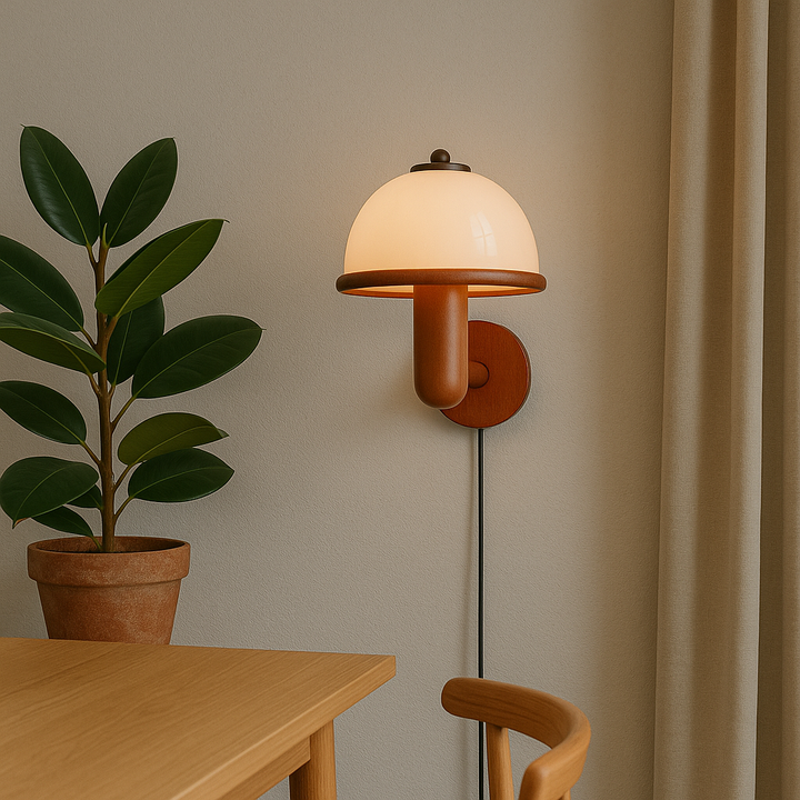 BowLift | Modern Wall Sconce in Mushroom Shape with Oak Base – LED E14 Lamp for Bedroom and Living Room