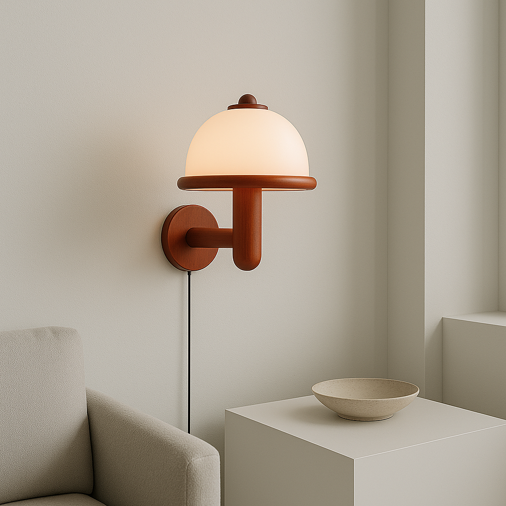 BowLift | Modern Wall Sconce in Mushroom Shape with Oak Base – LED E14 Lamp for Bedroom and Living Room