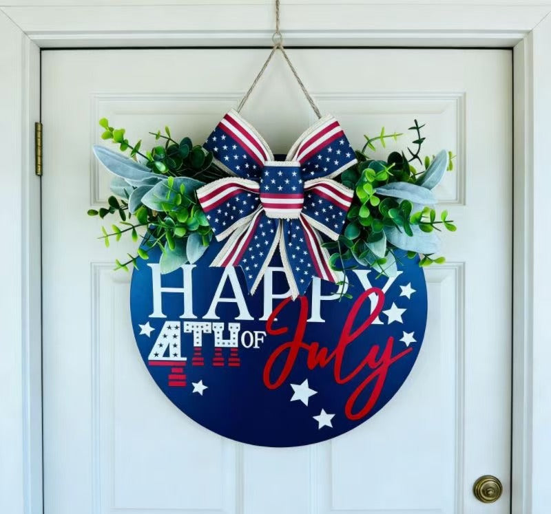 Unisex nan Patriotic Round Wooden Door Sign with Bow and Faux Greenery Bowlift