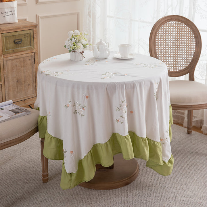 Embroidered Floral Ruffled Tablecloth