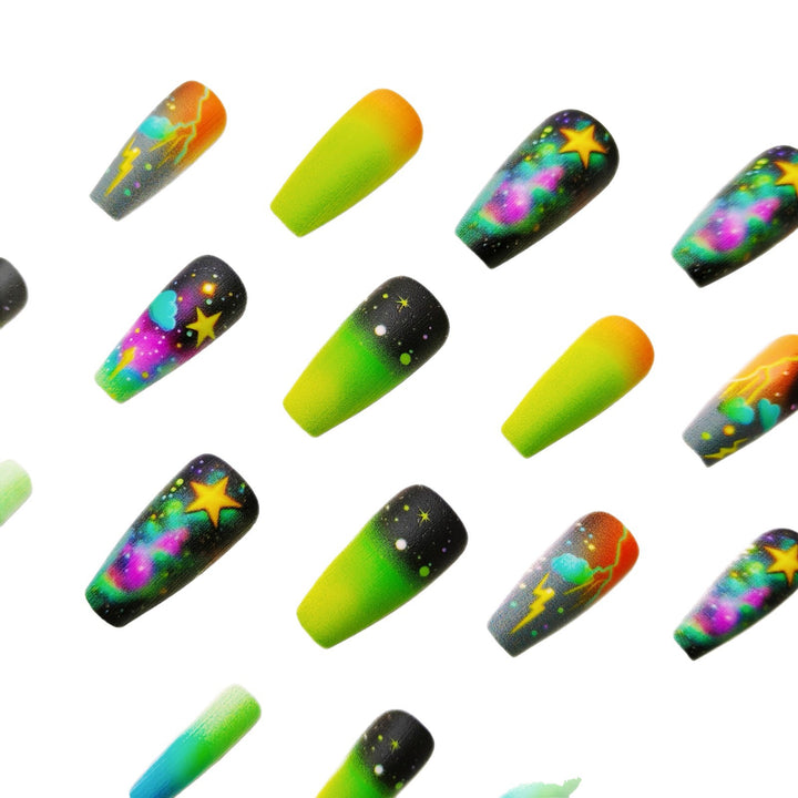 Creative acrylic nails with neon galaxy design Bowlift
