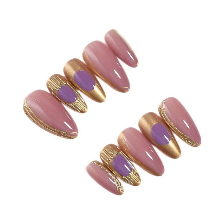 Artistic Press-On Nail Set with Gold and Purple Accents Bowlift