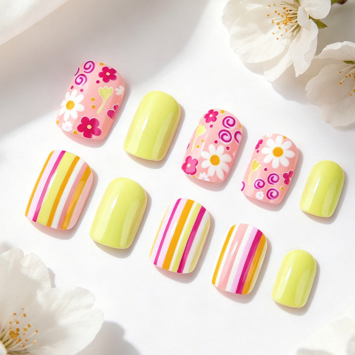 Artistic Floral and Striped Press-On Nail Art Bowlift