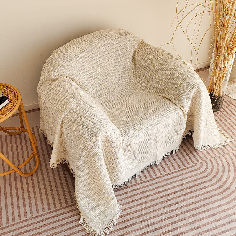 Waffle-Weave Fringed Throw Blanket Bowlift
