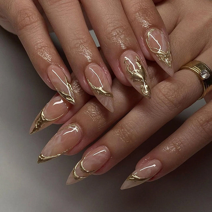 Artful Nail Extensions with Fine Golden Accents Bowlift