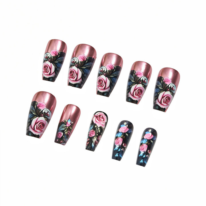 Artificial nails with floral rose pattern Bowlift
