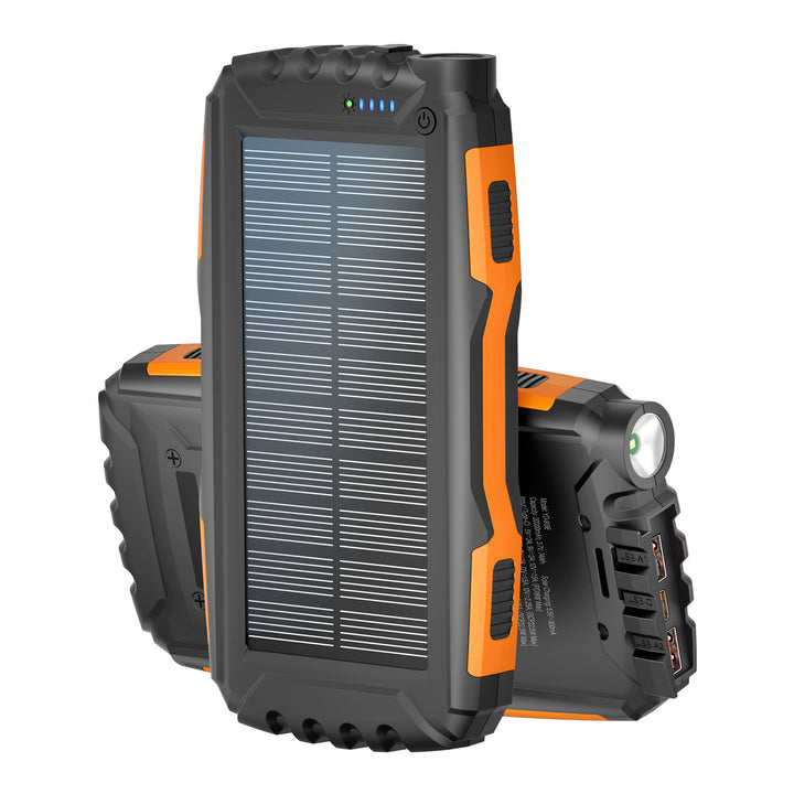 Solar power bank with integrated LED flashlight and multiple charging ports Bowlift