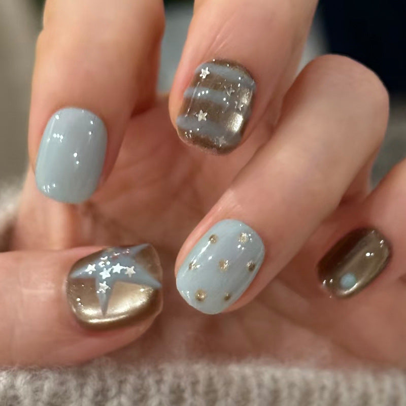 Premium Artistic Press-On Nail Set with Star and Metallic Accents Bowlift