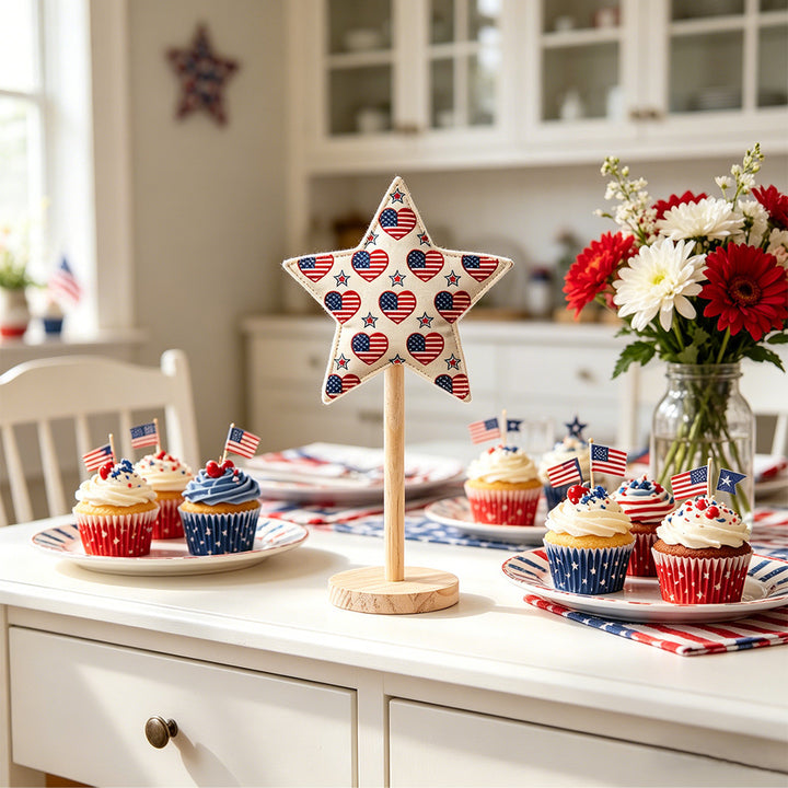 Unisex decorative star decoration figures made of fabric on wooden stand Bowlift