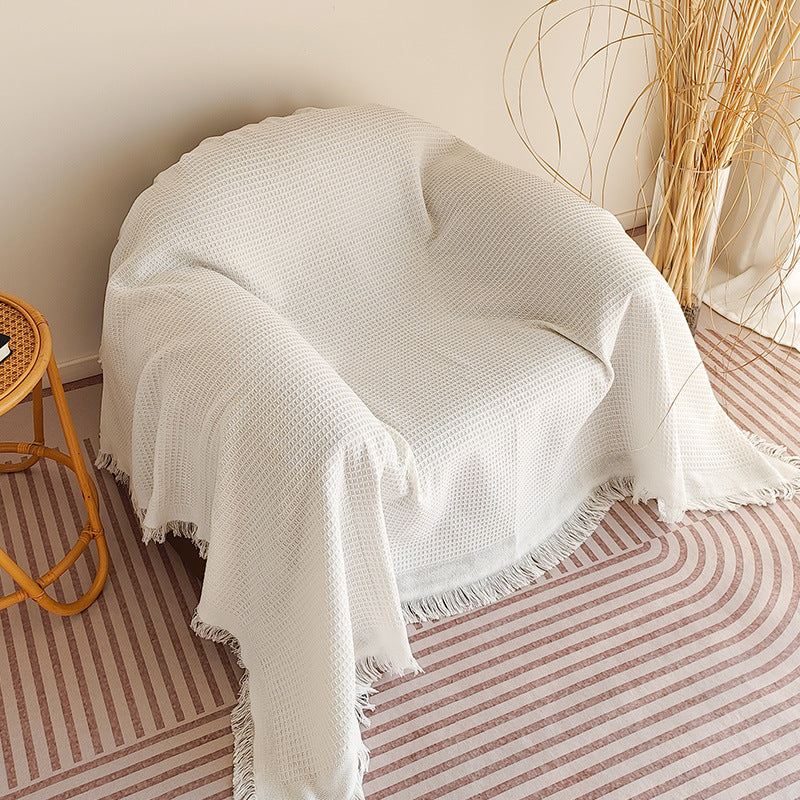 Waffle-Weave Fringed Throw Blanket Bowlift