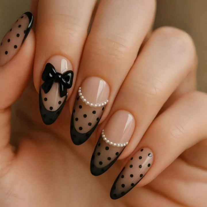 Elegant Polka Dot Press-On Nails with Bow Accents Bowlift