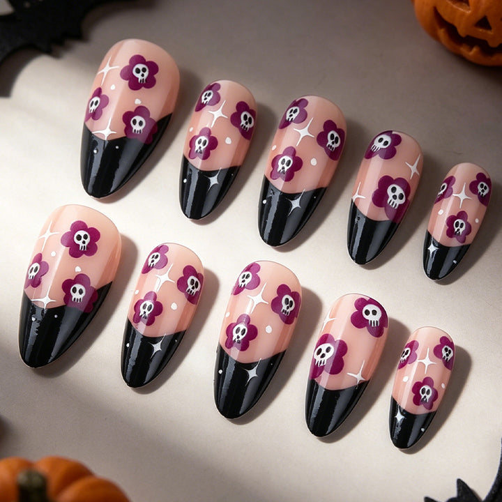 Artistic Skull and Flower Press-On Nails Bowlift