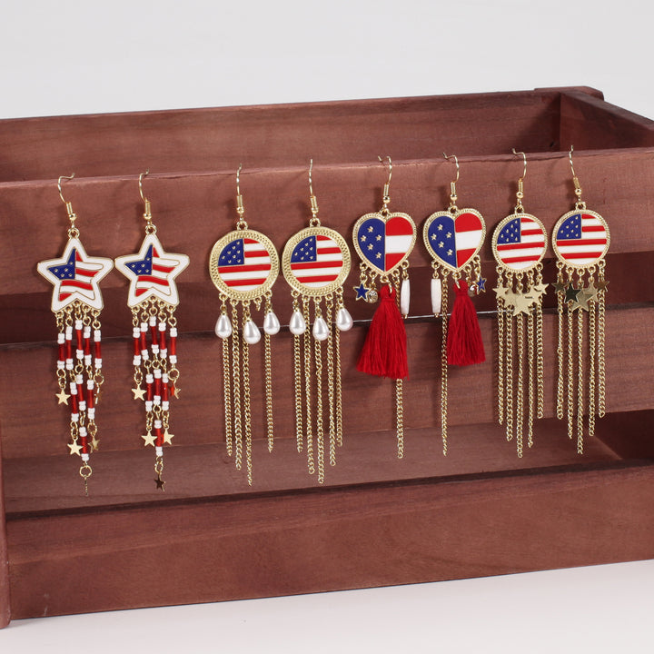 Women's nan long beaded fringe dangle earrings with enamel flag medallion and crystal drops Bowlift