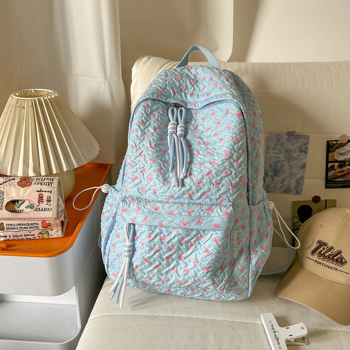 Textured Fabric Backpack with Cute Charms