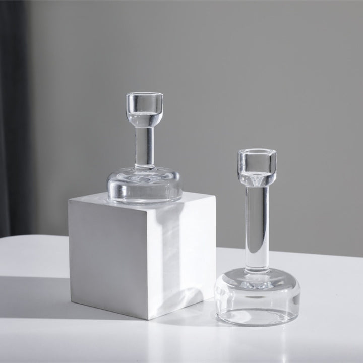 Minimalist Clear Glass Taper Candle Holder Pair with Weighted Base Bowlift