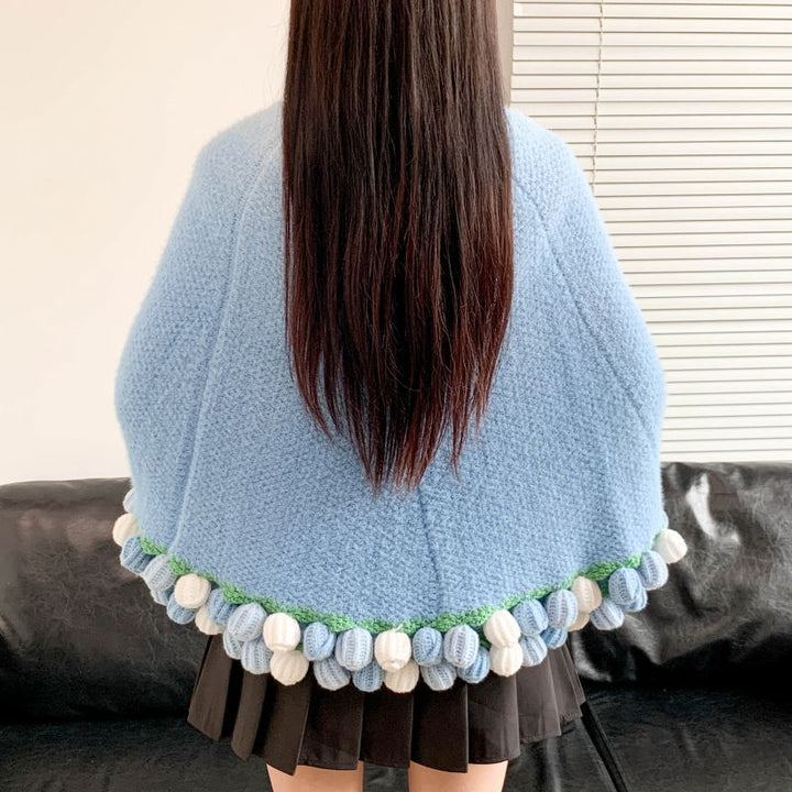 Poncho with Colorful Pom Pom Trim Bowlift