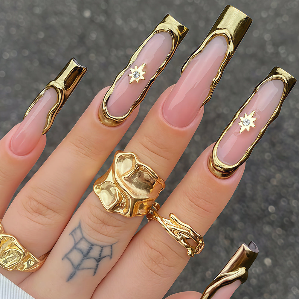 Artistic Long Nail Tips Set with Gold Accents Bowlift