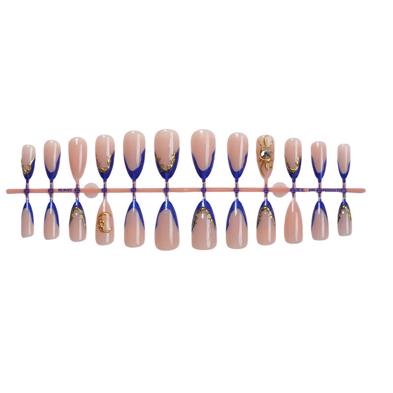 Premium Decorative Press-On Nail Set with Gold and Blue Accent Designs Bowlift