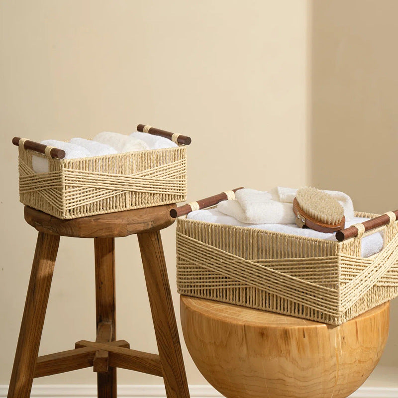 Handwoven Storage Basket with Wooden Handles Bowlift