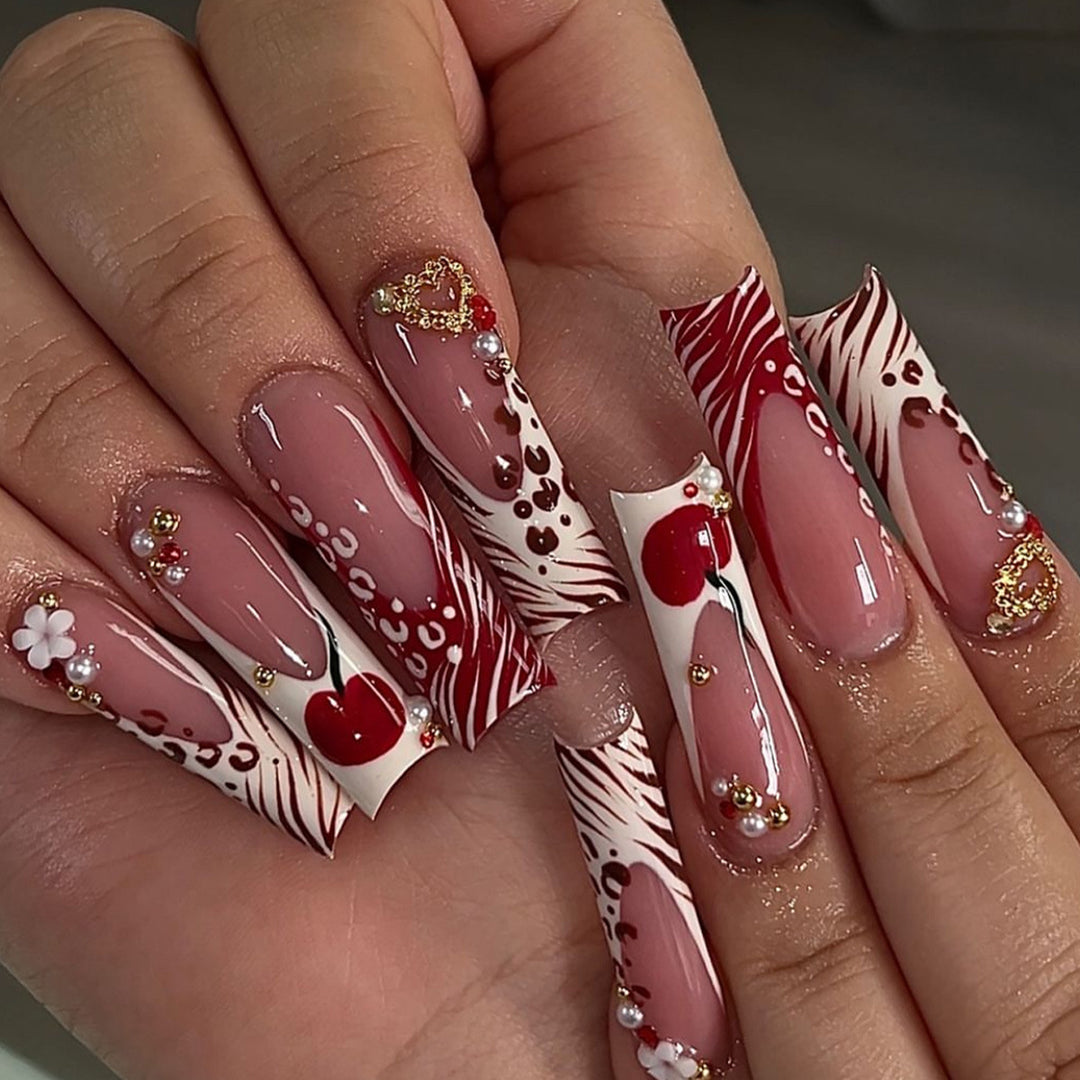 Decorative Long Press-On Nail Art with Gem Accents Bowlift