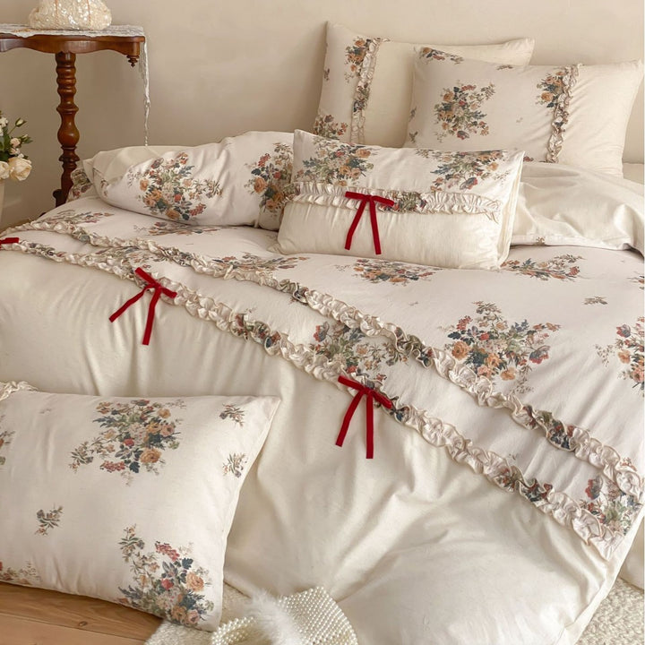 Floral Ruffled Duvet Cover Set with Decorative Ribbon