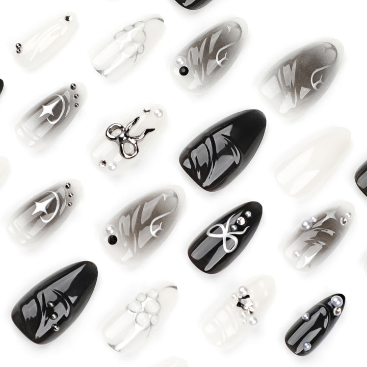 Elegant artificial nails with modern design and glitter accents Bowlift