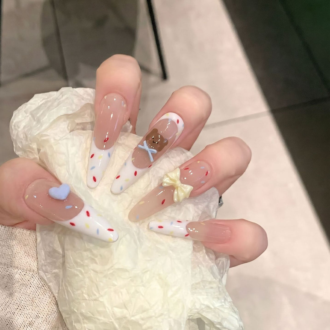 Decorative Stiletto Press-On Nail Art Set with Cute Character Accents Bowlift