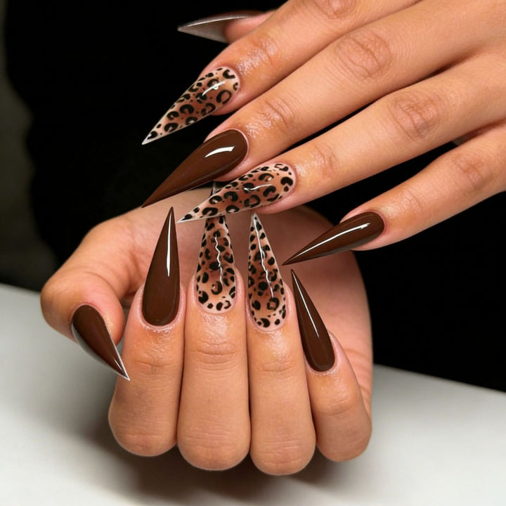 Artistic Stiletto Nail Extensions with Leopard Design Bowlift