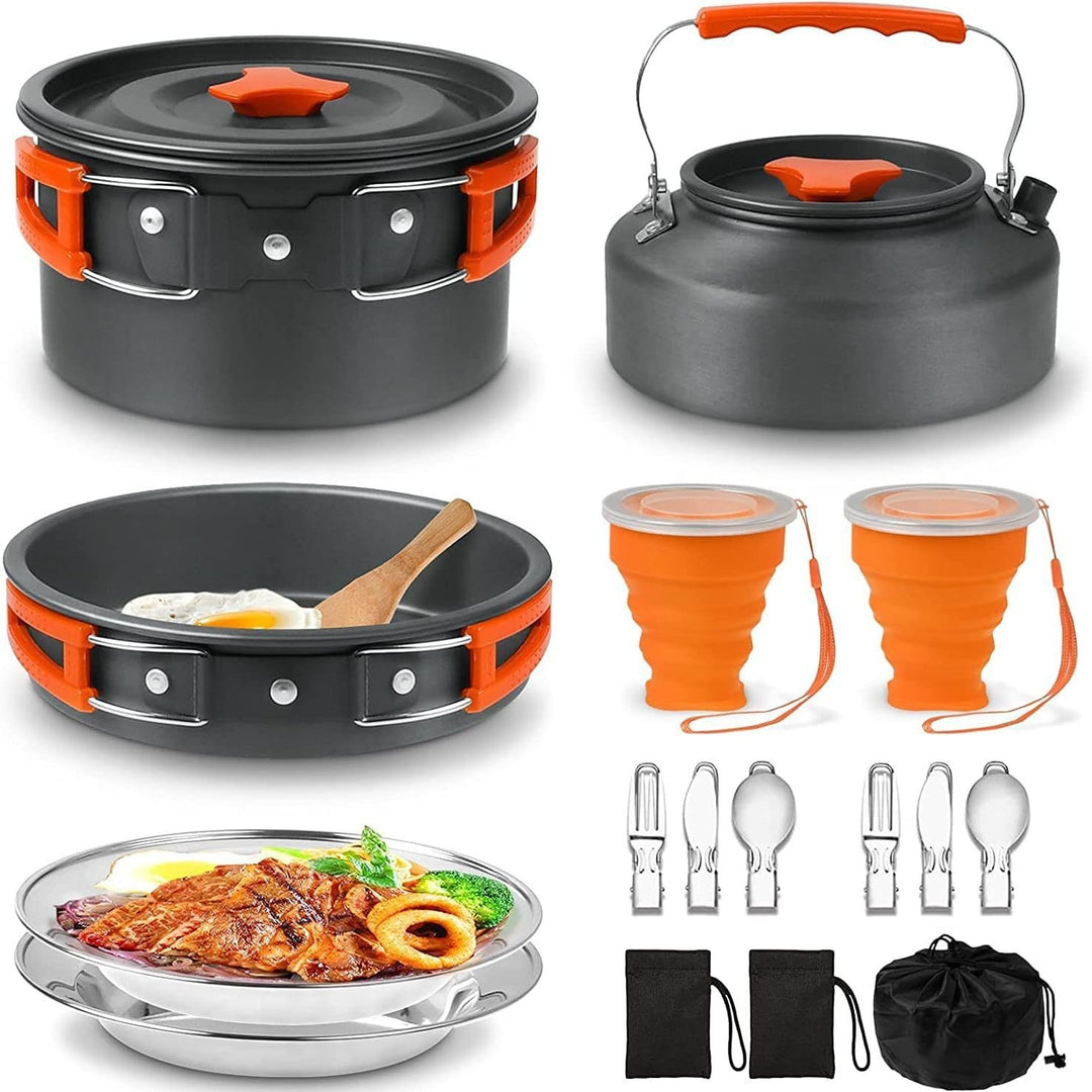 lightweight nonstick anodized aluminum camping cookware set with folding-handle pot and kettle, collapsible silicone cups, stainless plates and cutlery Bowlift