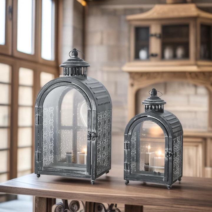 Antique-Style Arched Metal and Textured Glass Candle Lantern for Pillar Candles Bowlift