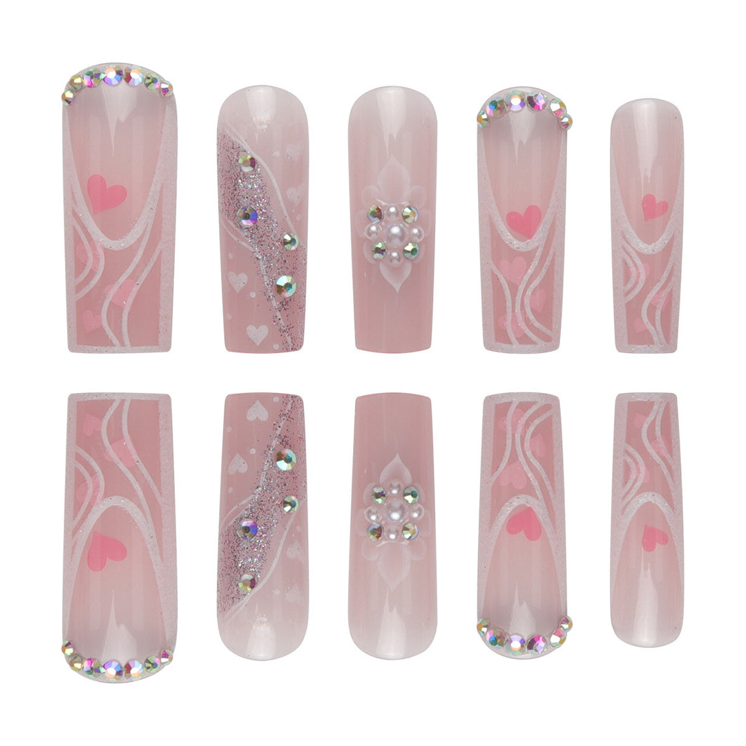 Decorative Press-On Nail Set with Heart and Gem Accents Bowlift