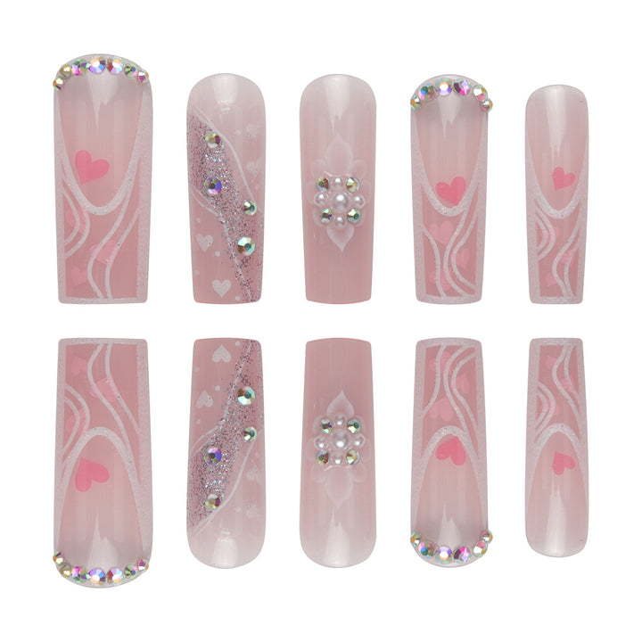 Decorative Press-On Nail Set with Heart and Gem Accents Bowlift