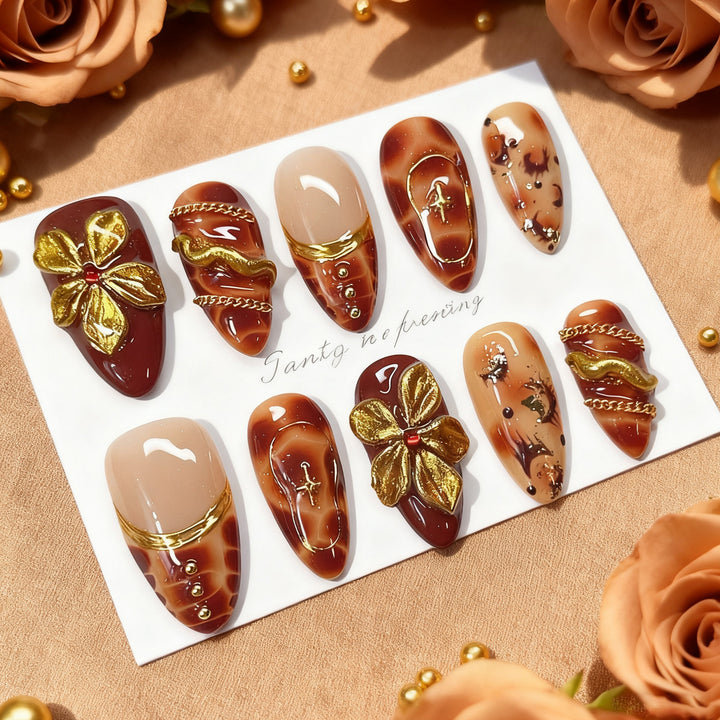 Decorative Press-On Nail Art Set with Luxury Floral Accents Bowlift