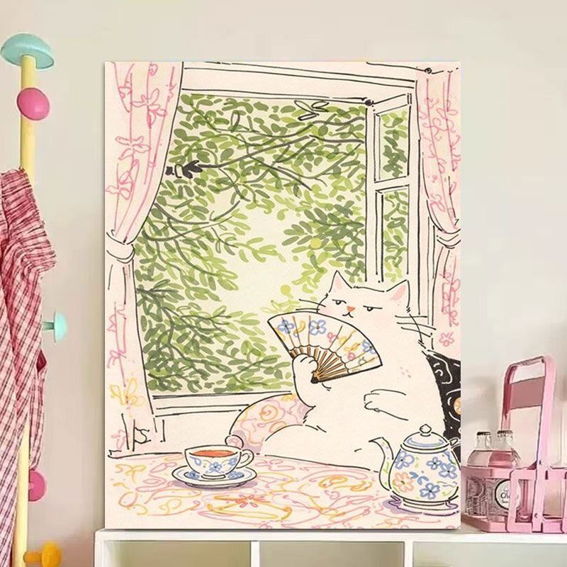 Whimsical Cat Illustration Canvas Art Print Bowlift