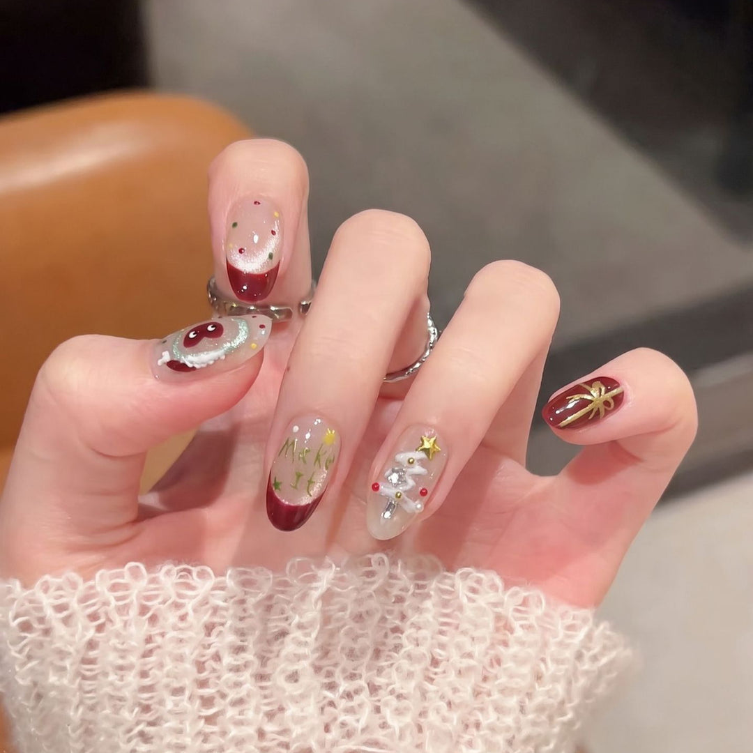 Festive Press-On Nail Art Set with Holiday Designs Bowlift