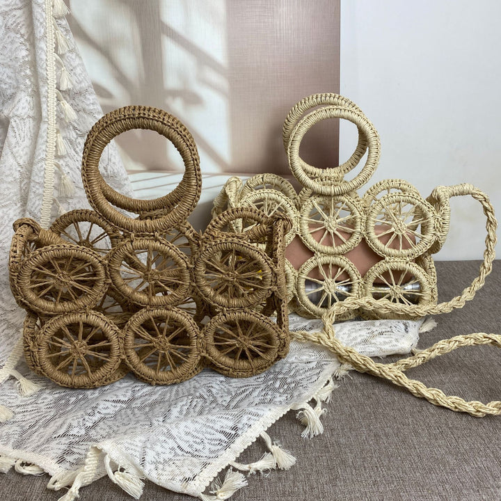 Artisan woven basket bag with striking wheel pattern Bowlift