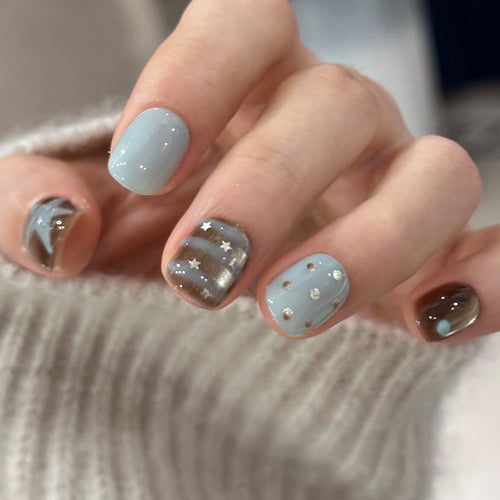 Premium Artistic Press-On Nail Set with Star and Metallic Accents Bowlift