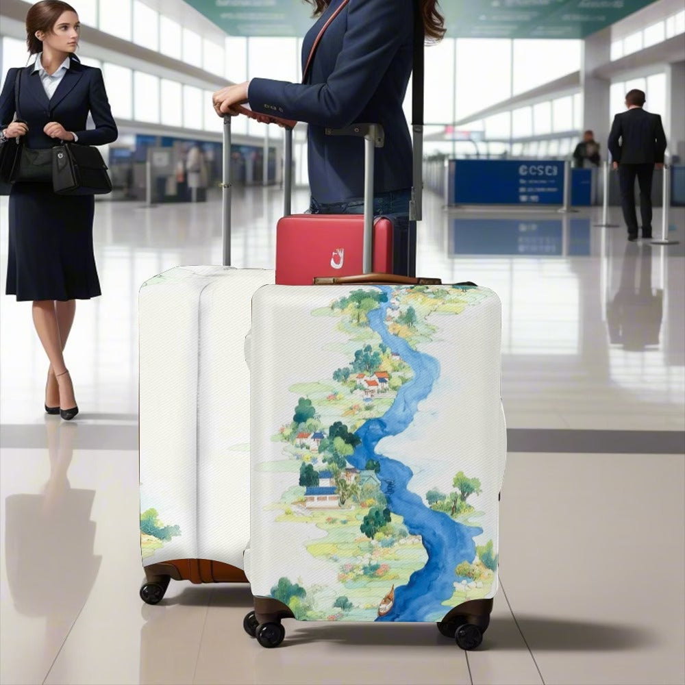 Unisex nan elastic suitcase cover with detailed river and village illustration print, tear-resistant stretch protection for hard shell and fabric trolley Bowlift