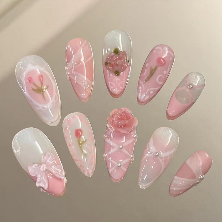 Artful Nail Extensions with Romantic Accents Bowlift
