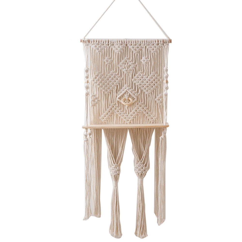Wall-Mounted Macrame Tapestry with Shelf Bowlift